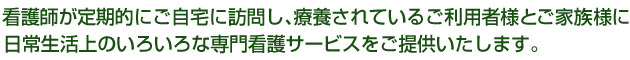 看護師が定期的にご自宅に訪問し､療養されているご利用者様とご家族様に日常生活上のいろいろな専門看護サービスをご提供いたします。